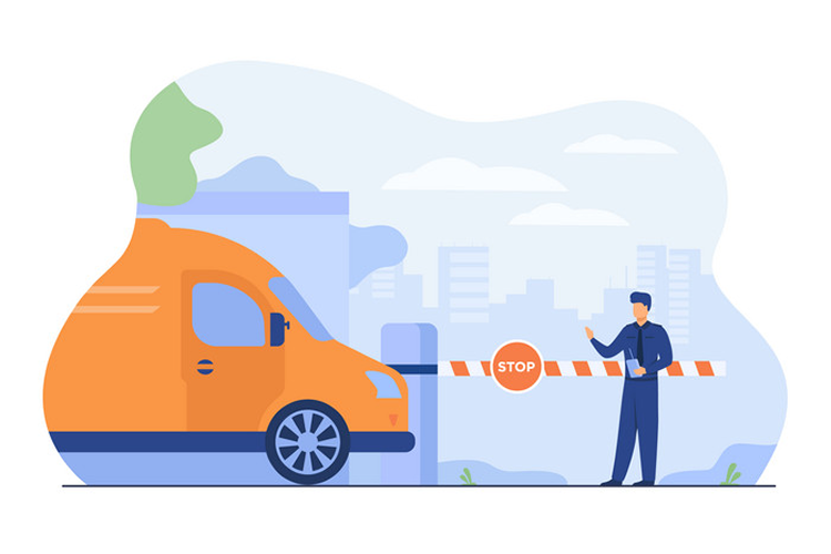 Illustration of an orange van stopped at a parking barrier with a security guard holding a phone, city buildings and trees in the background